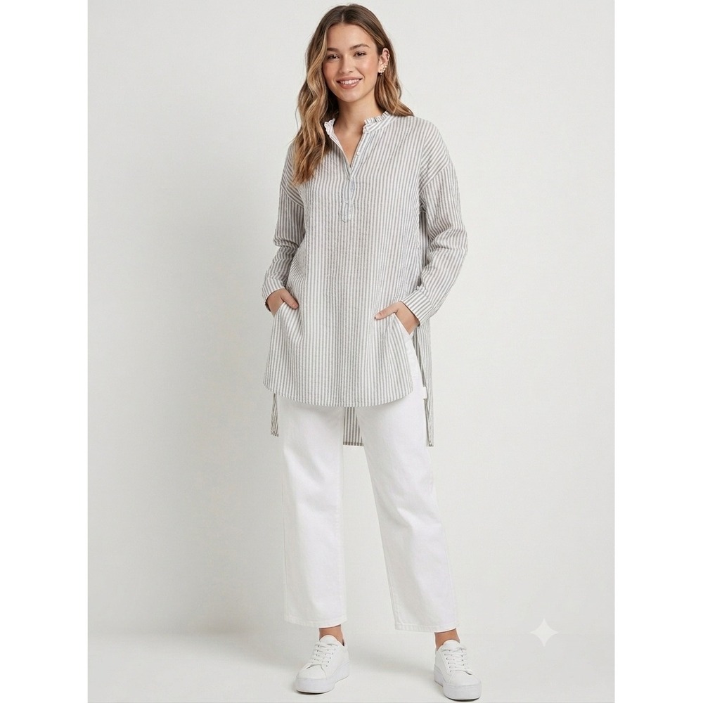 Aerie Tunic Top Women Medium Grey Striped Collar‎ Long Sleeve Boho Casual